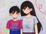  1boy 1girl absurdres alternate_costume antenna_hair berry_(extrauuberry) bisexual_flag_print black_eyes black_hair blush bright_pupils brother_and_sister closed_mouth commentary double-parted_bangs english_commentary english_text hair_behind_ear hair_between_eyes highres long_hair looking_at_another looking_at_viewer mari_(faraway)_(omori) mari_(omori) omori one_eye_closed redrawn shirt short_hair short_sleeves siblings sunny_(omori) t-shirt white_pupils white_shirt 