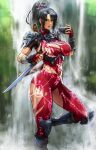  1girl arm_guards armor bodysuit breasts brown_eyes brown_hair commentary covered_navel english_commentary eu03 high_ponytail highres large_breasts long_hair looking_at_viewer ponytail red_bodysuit sheath shoulder_armor solo soulcalibur taki_(soulcalibur) torn_clothes water waterfall 