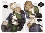  2boys absurdres bandaged_arm bandages belt blonde_hair brown_eyes commentary_request earrings english_text fairy green_tunic height_difference highres hug implied_yaoi isa-415810 jewelry kiss kissing_forehead korean_commentary korean_text link long_sidelocks male_focus mixed-language_text multiple_boys oc_x_canon original pointy_ears sidelocks simple_background sitting sleeping speech_bubble the_legend_of_zelda the_legend_of_zelda:_twilight_princess timick_(isa-415810) tunic twitter_username 