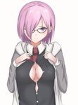  blush breasts cleavage cleavage_cutout covered_nipples fate/grand_order fate_(series) glasses hair_over_one_eye highres mash_kyrielight maza_kisuke medium_breasts necktie purple_eyes purple_hair solo 
