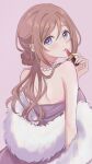  1girl arm_at_side bare_arms bare_shoulders blue_eyes blush braid brown_hair closed_mouth coat commentary_request cosmetics dress feather_boa fur_coat gakuen_idolmaster hair_between_eyes hanilz highres himesaki_rinami holding holding_lipstick_tube idolmaster lipstick lipstick_tube long_hair looking_at_viewer looking_back makeup pearl_choker pink_background pink_lips purple_dress signature simple_background solo strapless strapless_dress 