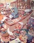  3girls 5boys animal_crossing animal_crossing:_new_horizons bag beagle beanie bird brewster_(animal_crossing) bryce_kho cafe cash_register clock coffee cuckoo_clock cup daisy_mae_(animal_crossing) dodo_(bird) flower glasses grandma gyroid_(animal_crossing) haniwa_(statue) hat highres holding holding_bag joan_(animal_crossing) k.k._slider_(animal_crossing) lottie_(animal_crossing) mole_(animal) mr._resetti multiple_boys multiple_girls orville_(animal_crossing) otter pascal_(animal_crossing) picture_frame pig pigeon pink_flower pink_tulip plant potted_plant shopping_bag snot spoon steam teacup towel tulip 