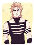  abs artist_name birthmark blonde_hair dio_brando earrings eyeliner fang green_lipstick halterneck jewelry joestar_birthmark jojo_no_kimyou_na_bouken lipstick makeup male_focus muscle niitsumee red_eyes signature solo upper_body 