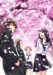  2girls black_hair brown_eyes cherry_blossoms chitanda_eru closed_eyes fukube_satoshi gakuran highres hyouka ibara_mayaka long_hair minazuki_isami multiple_boys multiple_girls oreki_houtarou petals purple_eyes red_eyes school_uniform serafuku short_hair smile tree 