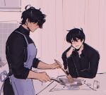  2boys absurdres apron black_hair black_shirt collared_shirt cooking elbow_rest frying_pan grin hand_on_own_chin head_tilt highres holding holding_frying_pan holding_spatula kim_dokja male_focus multiple_boys omniscient_reader's_viewpoint purple_apron rhaastyogurt shirt short_hair sleeves_rolled_up slice_of_life smile spatula toned toned_male turtleneck yoo_joonghyuk 
