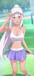  absurdres blunt_bangs breasts cleavage collarbone commentary_request elf emilia_(re:zero) hat high_ponytail highres holding holding_racket long_hair midriff na-suke navel open_mouth pleated_skirt pointy_ears ponytail purple_eyes purple_skirt racket re:zero_kara_hajimeru_isekai_seikatsu sidelocks skirt smile sports_bra sportswear tan tanlines teeth tennis_racket tennis_uniform tongue two-tone_skirt upper_teeth_only visor_cap white_hair white_hat white_sports_bra 