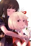  2girls arms_around_neck blonde_hair blue_dress brown_hair closed_eyes commentary_request dress drink_carton hair_ribbon highres holding holding_drink_carton holding_juice_box inoue_takina juice_box long_hair lycoris_recoil lycoris_uniform multiple_girls nishikigi_chisato one_side_up red_dress red_eyes red_ribbon ribbon sengoku_chidori short_hair simple_background white_background yuri 
