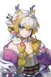  1girl absurdres arknights blonde_hair blue_hair braid breasts chinese_commentary cleavage closed_mouth colored_extremities commentary_request da_nao_shu earrings english_commentary eyeliner flower frills fruit_earrings green_eyes grey_hair grey_shawl hair_between_eyes hair_flower hair_intakes hair_ornament hair_over_shoulder hand_up highres jacket jewelry long_hair long_sleeves looking_at_viewer makeup mixed-language_commentary multicolored_hair official_alternate_costume orange_eyeliner partial_commentary pointy_ears purple_jacket shawl shu_(arknights) shu_(spring_feast)_(arknights) simple_background small_breasts smile solo upper_body white_background 