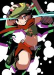  1girl bow_(weapon) brown_eyes brown_gloves brown_hair closed_mouth commentary_request gloves green_hat hair_between_eyes hand_on_headwear hat holding holding_bow_(weapon) holding_weapon midriff navel okosama_lunch_(sendan) ranger_(sekaiju) ranger_2_(sekaiju) red_scarf red_shorts scarf sekaiju_no_meikyuu sekaiju_no_meikyuu_1 short_hair shorts smile solo split_mouth weapon 