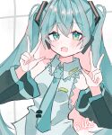  1girl :d bare_shoulders black_sleeves blue_eyes blue_hair blue_necktie breasts collared_shirt commentary_request detached_sleeves dot_nose double-parted_bangs double_w fang grey_shirt hair_between_eyes hands_up hatsune_miku highres ilei53zv long_hair long_sleeves looking_at_viewer necktie open_mouth shirt skin_fang sleeveless sleeveless_shirt small_breasts smile solo tie_clip twintails upper_body vocaloid w wide_sleeves 