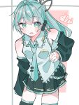  1girl ahoge alternate_hairstyle bare_shoulders black_skirt black_sleeves black_thighhighs breasts collared_shirt commentary cowboy_shot detached_sleeves dot_nose double-parted_bangs fang green_eyes green_hair green_necktie grey_shirt hair_between_eyes hair_intakes hand_on_own_hip hatsune_miku highres ilei53zv long_hair long_sleeves looking_at_viewer miniskirt necktie open_mouth pink_background pleated_skirt ponytail shirt skin_fang skirt sleeveless sleeveless_shirt small_breasts solo thighhighs tie_clip vocaloid zettai_ryouiki 