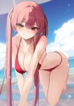  1girl absurdres all_fours barefoot beach bikini blue_sky breasts cleavage cloud commentary_request day hair_ribbon halterneck heterochromia highres hololive houshou_marine houshou_marine_(summer) large_breasts long_hair looking_at_viewer navel official_alternate_costume outdoors red_bikini red_eyes red_hair ribbon sky smile solo stomach string_bikini swimsuit thomas_8000 twintails virtual_youtuber yellow_eyes 