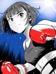  1girl blue_background boxing boxing_gloves boxing_shorts breasts commentary_request dutch_angle flying_sweatdrops frown gloves greyscale_with_colored_background hatching_(texture) highres lee_(dragon_garou) linea_alba linear_hatching medium_breasts original red_gloves short_hair shorts solo sports_bra spot_color sweat upper_body 