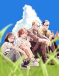  2boys 2girls blue_sky bottle cloud collared_shirt commentary dress_shoes drinking english_commentary field glasses hair_ornament hairclip highres iwakura_lain karl_haushofer_(serial_experiments_lain) lin_sui-xi multiple_boys multiple_girls necktie oisiiidoo pants serial_experiments_lain shirt shoes short_hair short_twintails sky sneakers t-shirt twintails yomoda_chisa 