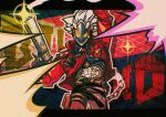  1boy billy_kid chain clothed_robot commentary_request cowboy_shot gun holding holding_gun holding_weapon humanoid_robot jacket looking_at_viewer male_focus pants red_jacket robot robot_boy shiushiu_kurauneru_plus short_hair solo spiked_hair weapon white_hair yellow_eyes zenless_zone_zero 