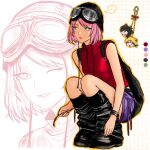  1girl 2boys animal_ears backpack bag beanie black_bag black_shoes bracelet cat_ears chococurrent closed_mouth commentary english_commentary full_body goggles goggles_on_head green_eyes haruno_sakura hat highres jewelry leg_warmers looking_to_the_side medium_hair multiple_boys naruto_(series) naruto_shippuuden one_eye_closed pink_hair purple_skirt red_shirt shirt shoes skirt sleeveless squatting uchiha_sasuke uzumaki_naruto 