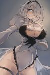  1girl 2b_(brief_respite)_(azur_lane) 2b_(nier:automata) azur_lane black_gloves black_hairband blue_eyes bob_cut breasts commentary_request cowboy_shot gloves hairband highres juliet_sleeves large_breasts leotard long_sleeves looking_at_viewer looking_down mole mole_under_mouth nier:automata nier_(series) official_alternate_costume puffy_sleeves shika_(shika0) short_hair solo white_hair white_leotard 
