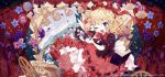  2girls :d ;) ;d amakawa_tamawo anemone_(flower) balloon bellflower black_shirt blonde_hair bloomers blue_eyes blue_flower blush book chinese_bellflower commentary_request copyright_notice curly_hair flower hair_ribbon holding holding_flower lily_of_the_valley medicine_melancholy multiple_girls mushroom nib_pen_(object) official_art one_eye_closed open_mouth outdoors pen pink_flower poison puffy_short_sleeves puffy_sleeves purple_flower red_shoes red_skirt ribbon ribbon-trimmed_shirt ribbon-trimmed_skirt ribbon_trim shirt shoes short_sleeves skirt smile socks su-san touhou touhou_gensou_eclipse white_bloomers white_flower white_socks wings wolfsbane_(flower) 