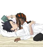  2boys bed black_hair black_pants boy_on_top closed_eyes commentary_request dreadlocks fingernails from_side hair_tubes head_on_pillow highres interracial kiss long_sleeves low_ponytail male_focus multiple_boys naveen_(pokemon) on_bed pants paxton_(pokemon) pillow pokemon pokemon_legends:_z-a ponytail shirt undercut user_knfn7428 white_shirt yaoi 