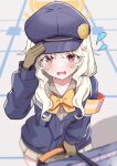 1girl absurdres aoba_(blue_archive) armband blonde_hair blue_archive blue_hat blue_jacket blush bow bowtie brown_eyes brown_gloves commentary_request cowboy_shot flying_sweatdrops gloves hair_ornament hairclip halo hand_on_headwear hat highres hosinonana jacket long_hair long_sleeves looking_at_viewer low_twintails miniskirt open_mouth pleated_skirt skirt solo twintails yellow_bow yellow_bowtie yellow_halo yellow_skirt 