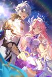  1boy 1girl absurdres antenna_hair armor blue_eyes breasts commentary_request cowboy_shot cyrene_(demiurge)_(honkai:_star_rail) cyrene_(honkai:_star_rail) dress flower hair_flower hair_ornament hand_on_own_chest highres honkai:_star_rail honkai_(series) large_breasts long_hair looking_at_viewer offering_hand one_eye_closed open_mouth pauldrons phainon_(honkai:_star_rail) pink_hair purple_eyes rererere_mon short_hair shoulder_armor single_pauldron smile star_(sky) starry_sky_background sun very_long_hair white_dress white_hair 