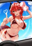  absurdres bikini breasts commentary dragon_girl dragon_horns dragon_tail english_commentary heart highres horns large_breasts long_hair looking_at_viewer mobl_1 one_eye_closed open_mouth red_bikini red_hair short_hair smile soap socks_agency solo swimsuit tail virtual_youtuber washing_vehicle yellow_eyes zentreya zentreya_(dragon) 