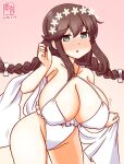  1girl braid breasts brown_hair casual_one-piece_swimsuit choker cleavage commentary_request cosplay criss-cross_halter flower frilled_one-piece_swimsuit frills gradient_background green_eyes hair_flower hair_ornament hairband halterneck highleg highleg_one-piece_swimsuit kanon_(kurogane_knights) kantai_collection large_breasts low_twin_braids low_twintails noshiro_(kancolle) one-hour_drawing_challenge one-piece_swimsuit pink_background sagiri_(kancolle) sagiri_(kancolle)_(cosplay) sagiri_(swimsuit)_(kancolle) side-tie_swimsuit solo swimsuit twin_braids twintails white_choker white_one-piece_swimsuit 