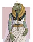 2022 5_fingers accessory amber_eyes ammit ammit_(moon_knight) anthro armband bandage bare_shoulders beads belt big_iris biped black_claws black_hair bracelet braided_hair claws clothed clothed_anthro clothed_female clothing crocodile crocodilian dark_hair deity digital_drawing_(artwork) digital_media_(artwork) dress egyptian egyptian_clothing egyptian_headdress egyptian_mythology eyelashes female finger_claws fingers geometric_background glistening glistening_eyes gold_(metal) gold_armband gold_bracelet gold_jewelry green_body green_scales hair hair_accessory hair_beads head_turned headdress hi_res hieroglyphic_text humanoid_hands iris jewelry kalasiris lidded_eyes light_body light_scales long_dress long_hair looking_aside marvel marvel_cinematic_universe mature_anthro mature_female middle_eastern_mythology moon_knight_(series) mouth_closed mythology nemes_(clothing) portrait pupils reptile ribbajack scales scalie simple_background slit_pupils snout solo standing teeth thick_neck three-quarter_portrait three-quarter_view translucent translucent_clothing usekh white_clothing white_dress white_kalasiris white_sclera