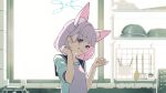  1girl animal_ear_fluff animal_ears apron blue_archive blue_eyes blue_halo blue_sailor_collar commentary_request extra_ears food fox_ears fox_girl grin halo highres holding holding_food kitchen looking_at_viewer niko_(blue_archive) pink_apron pink_hair sailor_collar shirt short_hair smile solo tkmrrr9 white_shirt 