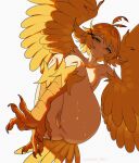  1girl absurdres ahoge anus bird_legs bird_tail blonde_hair blush breasts clitoris commentary dokibird feather_hair feathered_wings feathers green_eyes hair_ornament harpy highres indie_virtual_youtuber long_hair looking_at_viewer monster_girl monsterification pussy short_hair simple_background small_breasts smile solo tail talons uncensored unreal_fish virtual_youtuber white_background winged_arms wings yellow_feathers yellow_wings 