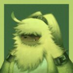 1boy ahoge angoramon animal_nose arm_belt body_fur border covered_eyes dark-skinned_male dark_skin digimon digimon_(creature) facial_mark fang fang_out floppy_ears fortunemagex full_body furry furry_male green_background green_border highres male_focus mark_under_both_eyes outside_border portrait rabbit rabbit_boy simple_background solo tied_ears yellow_fur 
