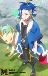  1boy adaman_(pokemon) arm_wrap black_pants blue_coat blue_hair brown_eyes coat collarbone demonqz7 earrings eyebrow_cut green_hair grin hand_wraps highres jacket jewelry leafeon male_focus multicolored_hair neck_ring open_mouth outdoors pants pokemon pokemon_(creature) pokemon_legends:_arceus shirt shoes smile teeth 