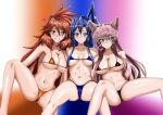  3girls absurdres amou_kanade aqua_eyes armpit_crease armpits bare_arms bare_shoulders big_hair bikini black_bikini blue_bikini blue_hair blunt_ends breasts breasts_apart brown_eyes cleavage closed_mouth collarbone colorful_background commentary_request crossed_bangs double-parted_bangs full_cleavage gradient_background grin hair_between_eyes hair_ears heart high_side_ponytail highleg highleg_bikini highres kazanari_tsubasa kyomeihibiki light_blush long_eyebrows long_hair long_sidelocks looking_at_viewer maria_cadenzavna_eve medium_breasts micro_bikini multiple_girls navel orange_bikini orange_hair pink_hair purple_eyes senki_zesshou_symphogear side-by-side side_ponytail sideboob sidelocks simple_background sitting small_breasts smile spread_legs stomach straight_hair swimsuit toned toned_female underboob upper_body wavy_sidelocks 