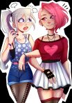  2girls :o asymmetrical_hair bare_shoulders belt black_background black_camisole black_choker black_gloves black_nails blank_speech_bubble blue_shorts blue_tank_top blush bracelet brown_pantyhose brown_thighhighs camisole choker closed_mouth collarbone commentary_request ear_piercing eyebrow_cut eyelashes fingerless_gloves fingernails five_nights_at_freddy's flying_sweatdrops fnafhs gloves hair_between_eyes heart heart_print highres jewelry lips locked_arms long_hair maggie_(fnafhs) mai_(fnafhs) medium_hair multicolored_hair multiple_girls nail_polish necklace notice_lines open_mouth outline pantyhose piercing pink_belt pink_hair ponytail purple_eyes purple_hair purple_streaks red_eyes red_shirt shirt shorts sidecut sidelocks simple_background skirt smile spanish_commentary speech_bubble split_mouth streaked_hair tank_top teeth thighhighs two-tone_hair undercut valastray white_hair white_outline white_skirt yuri 