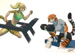 2026 blonde_hair bottomwear cheetah clenched_teeth clothing digital_media_(artwork) duo felid feline female green_clothing green_topwear hair holding_weights human human_to_anthro mammal markings oter pantherine running shirt shorts simple_background sitting species_transformation spots spotted_body striped_body stripes tail teeth tiger topwear training transformation white_background