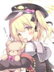  1girl :i azumi_kazuki biting biting_ear black_bow black_hat black_jacket blonde_hair blue_archive blush bow closed_mouth commentary_request demon_tail hair_between_eyes hair_bow halo hat highres ibuki_(blue_archive) jacket long_hair off_shoulder one_side_up open_clothes open_jacket orange_eyes peaked_cap pink_bow shirt simple_background solo stuffed_animal stuffed_toy suspenders tail teddy_bear translation_request upper_body white_background white_shirt 