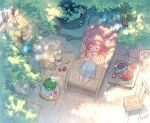  1girl animal apple artist_request bamboo barefoot basket black_eyes blue_skirt blue_sky bucket cat chair chibi chinese_commentary cloak closed_eyes closed_mouth clothed_animal commentary_request copyright_name cup dappled_sunlight day downturned_eyes ear_covers eating eyelashes fence flower food from_above fruit grass green_tea hand_fan hands_on_own_stomach happy highres holding holding_food holding_fruit hood hood_up hooded_cloak light_blush light_particles lily_pad long_hair long_sidelocks long_skirt looking_at_food lotion lounge_chair lying momo_(nikki) multicolored_hair nikki_(nikki) nikki_(series) official_art on_back on_chair own_hands_together pink_flower pink_hair pink_sandals plant pleated_skirt polka_dot polka_dot_skirt potted_plant red_ribbon ribbon sandals second-party_source shade shining_nikki shirt short_sleeves sidelocks sitting skirt sky smile solid_oval_eyes summer sunlight sunscreen table tea teapot tree unworn_sandals very_long_hair water water_lily_flower wavy_hair whiskers white_cat yellow_cloak yellow_shirt yunomi 