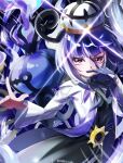  1girl albiesuki belt black_dress black_hair blue_gloves blunt_bangs bob_cut chandelure coat commentary_request dress fire gloves gwynn_(pokemon) hand_on_own_face hat highres index_finger_raised long_sleeves looking_at_viewer mega_chandelure mega_pokemon mega_stone multicolored_hair o-ring o-ring_belt open_clothes open_coat open_mouth partially_fingerless_gloves pokemon pokemon_(creature) pokemon_legends:_z-a purple_eyes purple_fire purple_hair short_hair teeth white_coat 