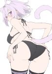  1girl animal_ear_fluff animal_ears ass ass_focus back bikini black_bikini breasts cat_ears flat_color halterneck hand_on_own_hip highres hololive huge_ass looking_at_viewer looking_back medium_breasts mitsuru_(uramitsuru1206) nekomata_okayu purple_eyes purple_hair side-tie_bikini_bottom solo string_bikini swimsuit tail thighs underboob virtual_youtuber white_background 