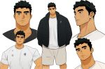  1boy bara black_eyes black_hair bright_pupils cropped_shoulders dirty dirty_clothes facial_hair highres jacket kalium_(jojajoja99999) large_pectorals looking_at_viewer male_focus multiple_views muscular muscular_male original pectorals shorts sideburns_stubble sparse_stubble stubble thick_eyebrows white_background 