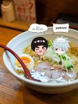  2boys black_hair blunt_bangs bowl bowl_cut chibi chibi_only commentary_request food grey_hair hatake_kakashi highres korean_commentary korean_text looking_at_another m0_mo_momo male_focus mask might_guy mouth_mask multiple_boys naruto_(series) noodles one_eye_closed onsen open_mouth photo_background ramen scar scar_across_eye scar_on_face shared_bathing short_hair smile spiked_hair spoon thick_eyebrows towel towel_on_head 