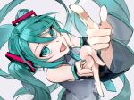  1girl bare_shoulders black_sleeves collared_shirt commentary detached_sleeves green_eyes green_hair green_necktie grey_shirt hair_between_eyes hands_up hatsune_miku highres long_hair long_sleeves necktie open_mouth pocky_p.c pointing shirt simple_background sleeveless sleeveless_shirt solo twintails upper_body very_long_hair vocaloid white_background wide_sleeves 