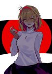  1girl 710_ao absurdres arcueid_brunestud black_background blonde_hair breasts cowboy_shot highres jewelry pendant purple_skirt red_background short_hair skirt slit_pupils solo sweater tsukihime tsukihime_(remake) white_background white_sweater yellow_eyes 