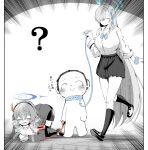 1boy 2girls 4_mgi ? ako_(blue_archive) all_fours aqua_halo armband asuna_(blue_archive) asuna_(school_uniform)_(blue_archive) bell blue_archive blue_bow blue_collar blue_ribbon blue_scrunchie blush bow breasts chibi closed_eyes collar collared_shirt commentary_request cowbell crescent_halo doodle_sensei_(blue_archive) emphasis_lines greyscale gyaru hair_over_one_eye hairband halo heavy_breathing highres holding holding_leash kogal large_breasts leash miniskirt monochrome motion_lines multiple_girls open_mouth pet_play pleated_skirt purple_halo red_armband red_ribbon ribbon scrunchie sensei_(blue_archive) shirt shoes skirt sleeves_past_wrists smile socks spot_color sweatdrop tile_floor tiles translation_request 