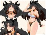  1girl abs absurdres bikini black_hair breasts cleavage earrings evil_grin evil_smile fate/grand_order fate_(series) grin highres hoop_earrings ishtar_(fate) jewelry large_breasts long_hair mibukyt multiple_views neck_ring open_mouth red_eyes smile solo swimsuit watermark 