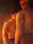  2boys arm_up artist_name belt blonde_hair brown_belt brown_eyes brown_hair brown_pants collared_shirt commentary_request cowboy_shot erwin_smith hand_on_another's_arm highres kasagana_i levi_(shingeki_no_kyojin) long_sleeves male_focus multiple_boys open_collar orange_theme pants shingeki_no_kyojin shirt shirt_tucked_in short_hair standing very_short_hair white_shirt 