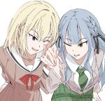  2girls bang_dream! bang_dream!_it's_mygo!!!!! black_ribbon blonde_hair blue_hair brown_dress brown_eyes commentary dress green_necktie green_skirt hair_ribbon hanasakigawa_school_uniform haneoka_school_uniform highres holding_hands interlocked_fingers lilachinami long_hair long_sleeves medium_hair misumi_uika multiple_girls necktie one_eye_closed open_mouth purple_eyes ribbon school_uniform shirt sidelocks simple_background skirt togawa_sakiko untranslatable_commentary white_background white_shirt yuri 