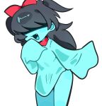  1girl :d aqua_(deltarune) aqua_dress aqua_skin aqua_tongue black_hair bow colored_skin commentary deltarune dress fang head_bow highres muki0919 short_twintails smile twintails utdr_(toby_fox) 