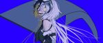  1473ex 1girl armor bare_shoulders blood blood_on_face blue_theme chain collar commentary crazy_eyes crazy_smile fate/grand_order fate_(series) from_side fur_trim hair_between_eyes head_tilt headpiece highres jeanne_d'arc_alter_(avenger)_(fate) jeanne_d'arc_alter_(avenger)_(third_ascension)_(fate) jeanne_d'arc_alter_(fate) long_hair looking_at_viewer metal_collar open_mouth simple_background smile solo upper_body white_hair wide-eyed yellow_eyes 