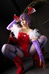  asian bat_print bat_wings boots capcom head_wings high_heel_boots high_heels lilith_aensland lilith_aensland_(cosplay) pantyhose photo print_legwear purple_hair short_hair vampire_(game) wings 